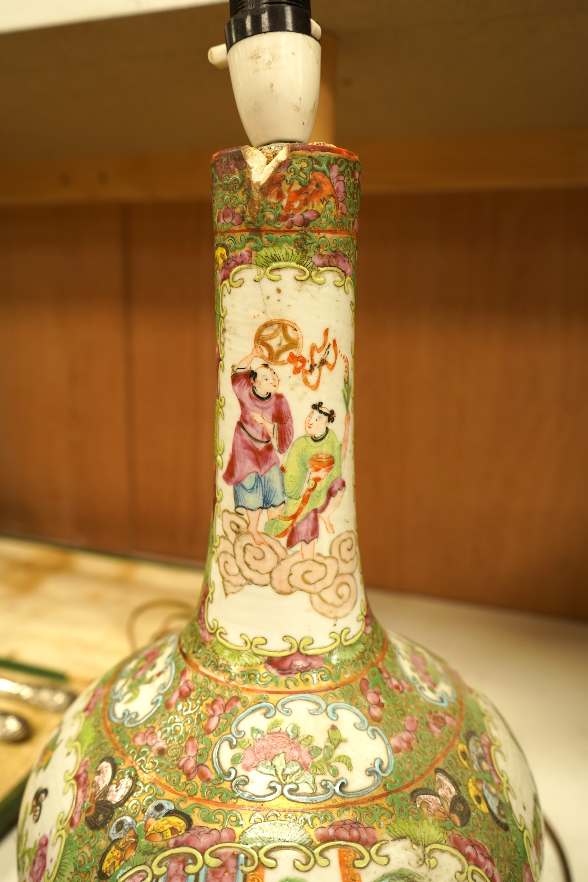 A Chinese famille rose bottle vase, now converted to a lamp, 43cm high overall